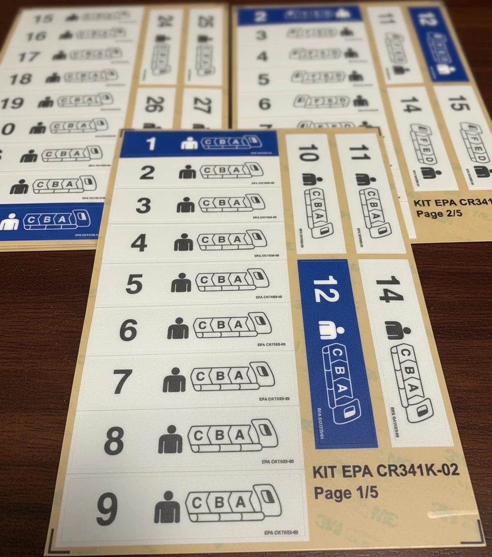 Airplane seat labels displaying configurations CBA.