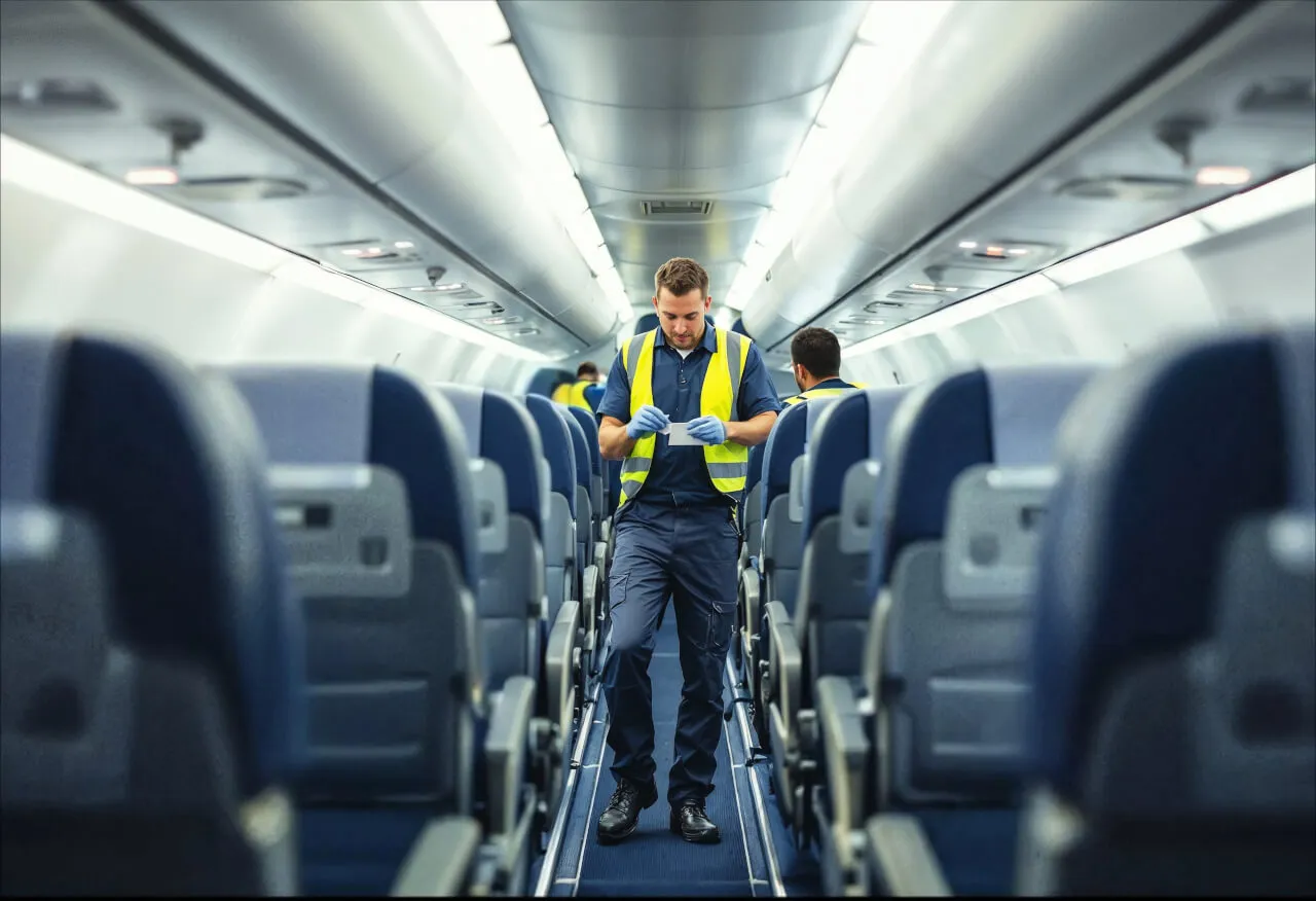 Airline maintenance crew member installing aircraft interior placards in B737.