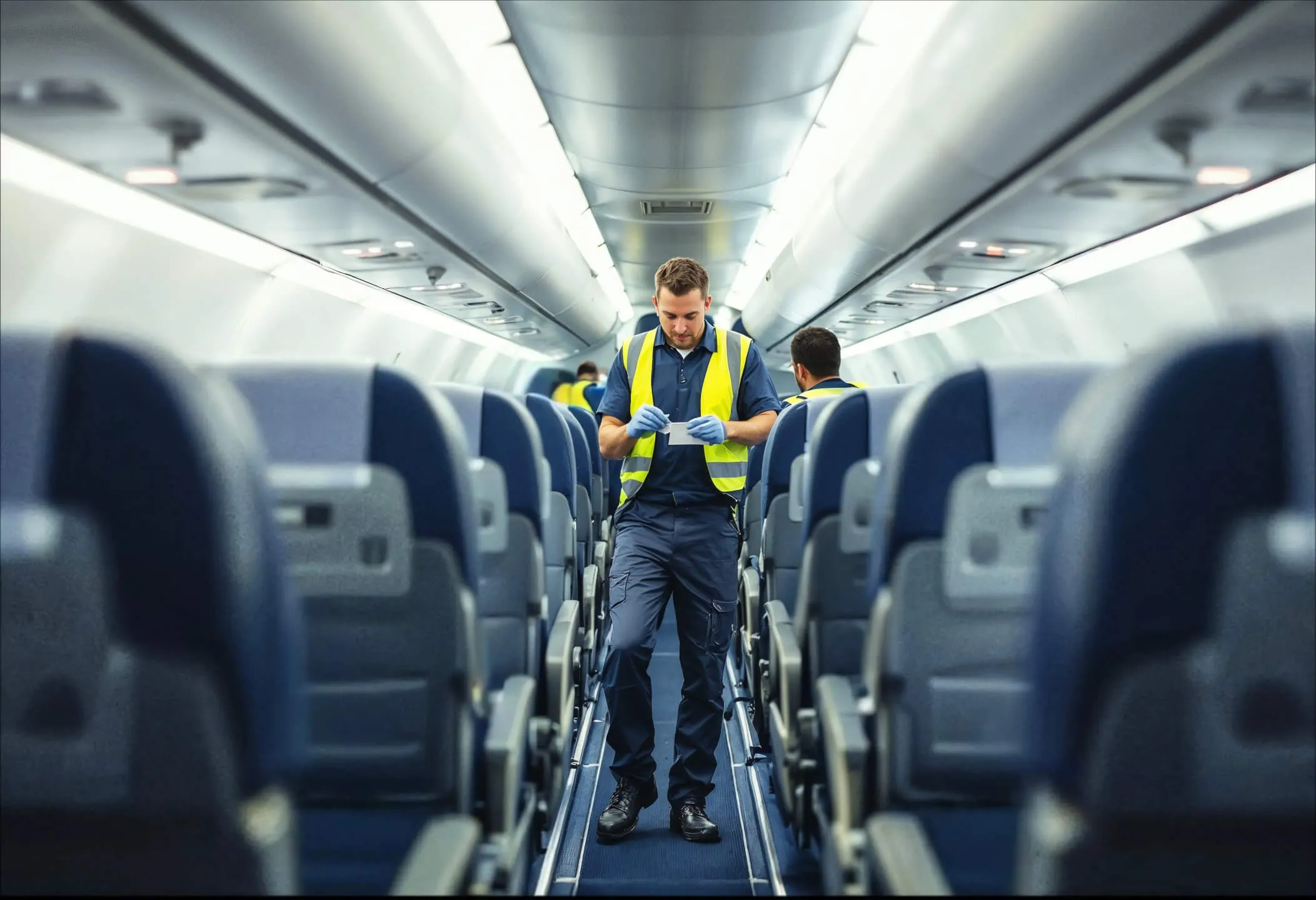 Airline maintenance crew member installing aircraft interior placards in B737.